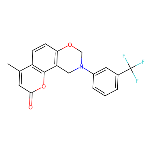 4-methyl-9-(3-(trifluoromethyl)phenyl)-9,10-dihydrochromeno[8,7-e][1,3]oxazin-2(8H)-one structure