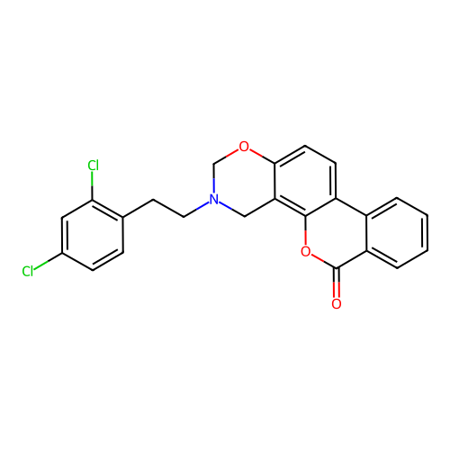 3-(2,4-dichlorophenethyl)-3,4-dihydrobenzo[3,4]chromeno[8,7-e][1,3]oxazin-6(2H)-one structure