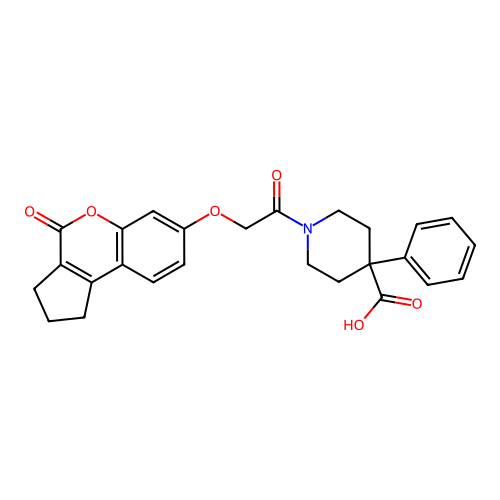 1-(2-((4-oxo-1,2,3,4-tetrahydrocyclopenta[c]chromen-7-yl)oxy)acetyl)-4-phenylpiperidine-4-carboxylic acid structure