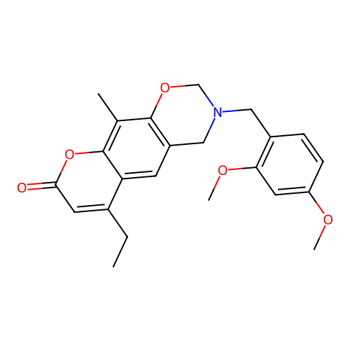3-(2,4-dimethoxybenzyl)-6-ethyl-10-methyl-3,4-dihydrochromeno[6,7-e][1,3]oxazin-8(2H)-one structure