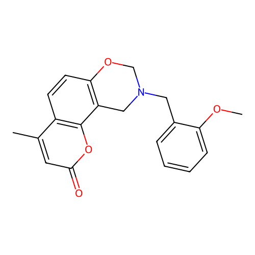 9-(2-methoxybenzyl)-4-methyl-9,10-dihydro-2H,8H-chromeno[8,7-e][1,3]oxazin-2-one structure