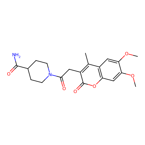 1-[(6,7-dimethoxy-4-methyl-2-oxo-2H-chromen-3-yl)acetyl]piperidine-4-carboxamide structure