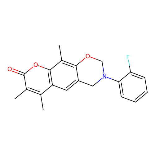 3-(2-fluorophenyl)-6,7,10-trimethyl-3,4-dihydrochromeno[6,7-e][1,3]oxazin-8(2H)-one structure