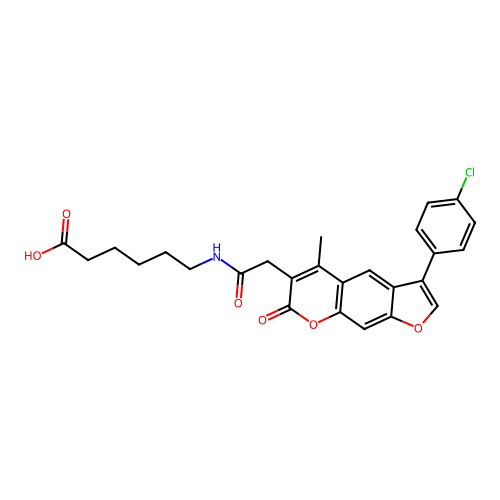 6-(2-(3-(4-chlorophenyl)-5-methyl-7-oxo-7H-furo[3,2-g]chromen-6-yl)acetamido)hexanoic acid structure