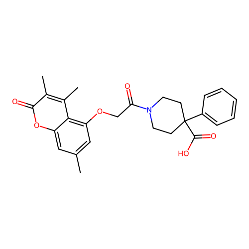 4-phenyl-1-(2-((3,4,7-trimethyl-2-oxo-2H-chromen-5-yl)oxy)acetyl)piperidine-4-carboxylic acid structure