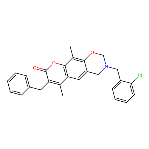 7-benzyl-3-(2-chlorobenzyl)-6,10-dimethyl-3,4-dihydrochromeno[6,7-e][1,3]oxazin-8(2H)-one structure