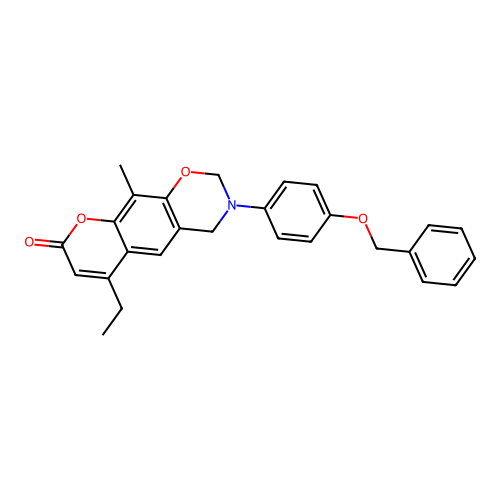 3-(4-(benzyloxy)phenyl)-6-ethyl-10-methyl-3,4-dihydrochromeno[6,7-e][1,3]oxazin-8(2H)-one structure