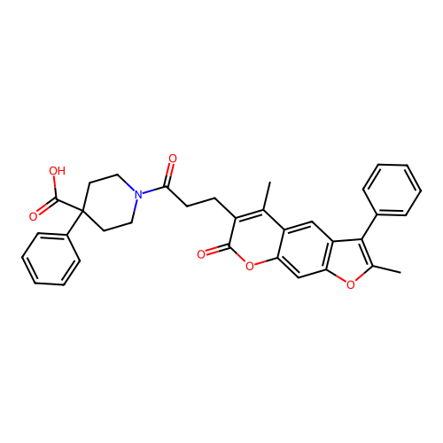 1-(3-(2,5-dimethyl-7-oxo-3-phenyl-7H-furo[3,2-g]chromen-6-yl)propanoyl)-4-phenylpiperidine-4-carboxylic acid structure
