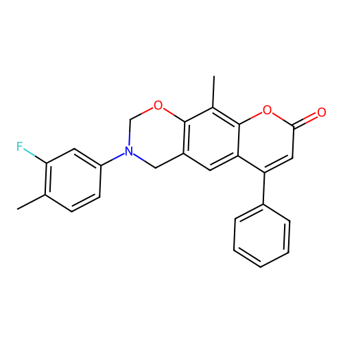 3-(3-fluoro-4-methylphenyl)-10-methyl-6-phenyl-3,4-dihydrochromeno[6,7-e][1,3]oxazin-8(2H)-one structure