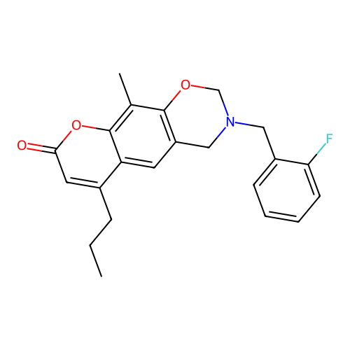 3-(2-fluorobenzyl)-10-methyl-6-propyl-3,4-dihydrochromeno[6,7-e][1,3]oxazin-8(2H)-one structure