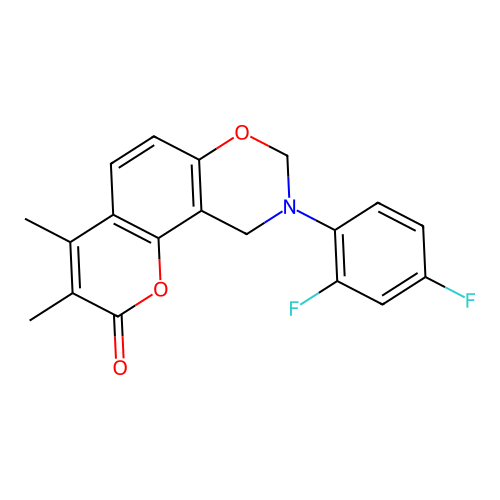 9-(2,4-difluorophenyl)-3,4-dimethyl-9,10-dihydrochromeno[8,7-e][1,3]oxazin-2(8H)-one structure