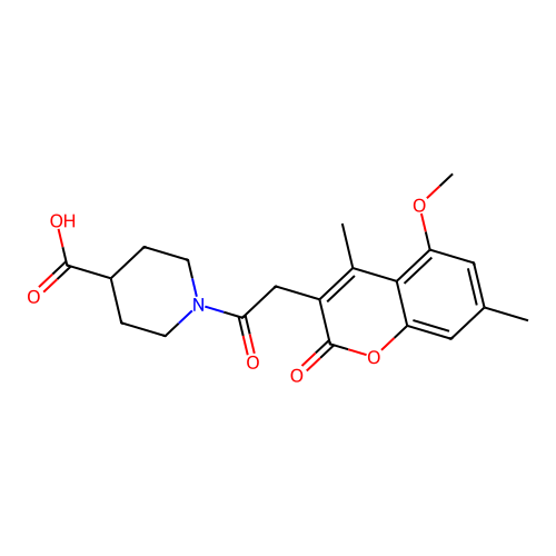 1-(2-(5-methoxy-4,7-dimethyl-2-oxo-2H-chromen-3-yl)acetyl)piperidine-4-carboxylic acid structure
