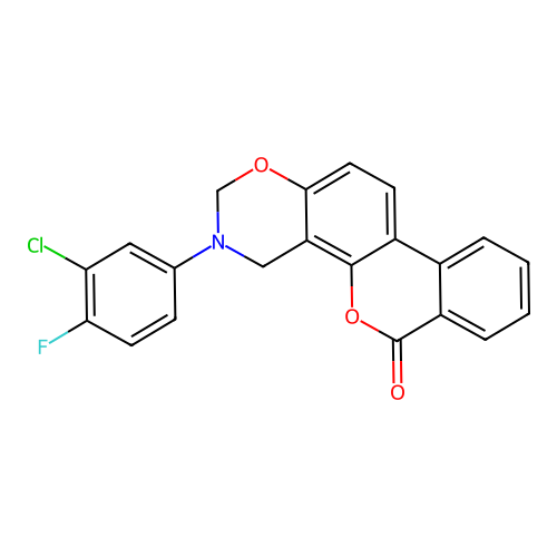 3-(3-chloro-4-fluorophenyl)-3,4-dihydrobenzo[3,4]chromeno[8,7-e][1,3]oxazin-6(2H)-one structure