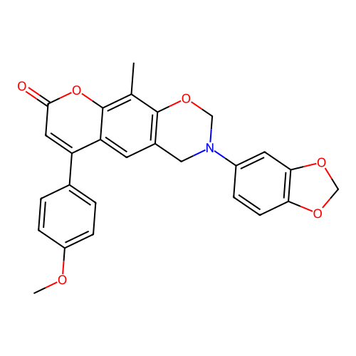 3-(1,3-benzodioxol-5-yl)-6-(4-methoxyphenyl)-10-methyl-3,4-dihydro-2H,8H-chromeno[6,7-e][1,3]oxazin-8-one structure