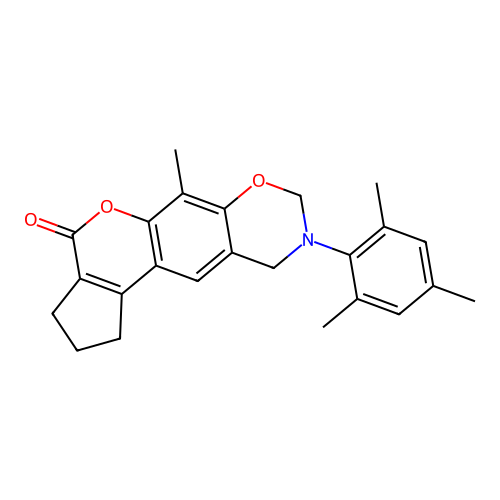 9-mesityl-6-methyl-2,3,9,10-tetrahydro-1H-cyclopenta[3,4]chromeno[6,7-e][1,3]oxazin-4(8H)-one structure