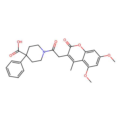 1-(2-(5,7-dimethoxy-4-methyl-2-oxo-2H-chromen-3-yl)acetyl)-4-phenylpiperidine-4-carboxylic acid structure