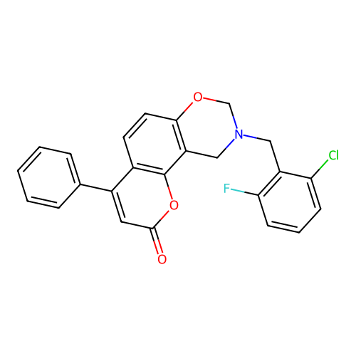 9-(2-chloro-6-fluorobenzyl)-4-phenyl-9,10-dihydrochromeno[8,7-e][1,3]oxazin-2(8H)-one structure