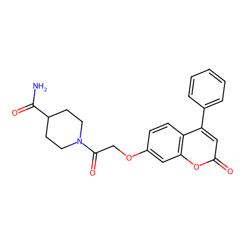 1-(2-((2-oxo-4-phenyl-2H-chromen-7-yl)oxy)acetyl)piperidine-4-carboxamide structure