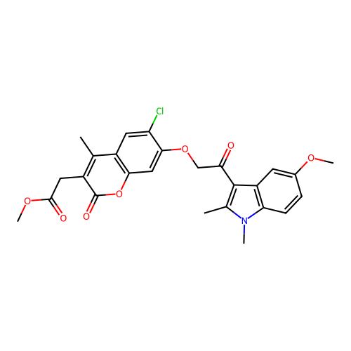 methyl 2-(6-chloro-7-(2-(5-methoxy-1,2-dimethyl-1H-indol-3-yl)-2-oxoethoxy)-4-methyl-2-oxo-2H-chromen-3-yl)acetate structure