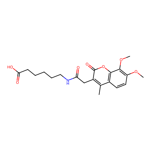 6-{[(7,8-dimethoxy-4-methyl-2-oxo-2H-chromen-3-yl)acetyl]amino}hexanoic acid structure