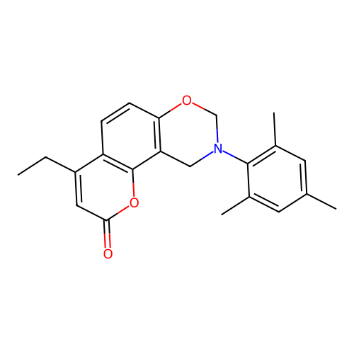 4-ethyl-9-mesityl-9,10-dihydrochromeno[8,7-e][1,3]oxazin-2(8H)-one structure