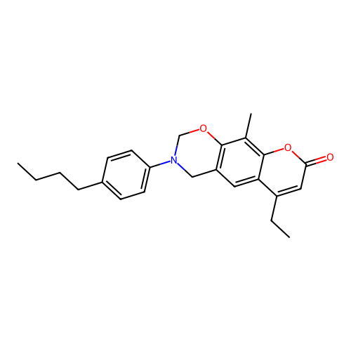 3-(4-butylphenyl)-6-ethyl-10-methyl-3,4-dihydrochromeno[6,7-e][1,3]oxazin-8(2H)-one structure