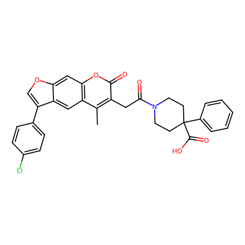 1-(2-(3-(4-chlorophenyl)-5-methyl-7-oxo-7H-furo[3,2-g]chromen-6-yl)acetyl)-4-phenylpiperidine-4-carboxylic acid structure