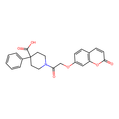 1-(2-((2-oxo-2H-chromen-7-yl)oxy)acetyl)-4-phenylpiperidine-4-carboxylic acid structure