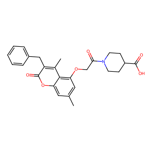 1-(2-((3-benzyl-4,7-dimethyl-2-oxo-2H-chromen-5-yl)oxy)acetyl)piperidine-4-carboxylic acid structure