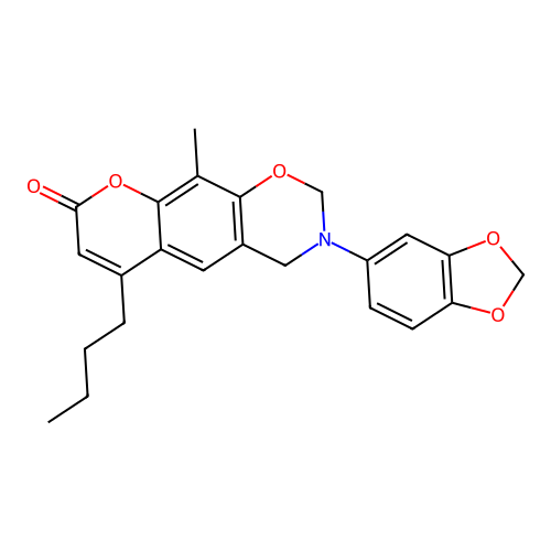 3-(benzo[d][1,3]dioxol-5-yl)-6-butyl-10-methyl-3,4-dihydrochromeno[6,7-e][1,3]oxazin-8(2H)-one structure