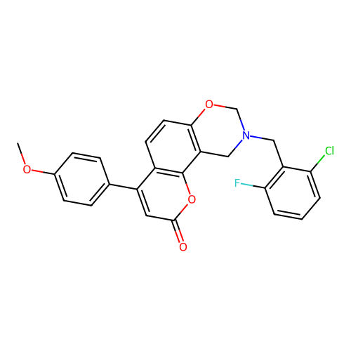 9-(2-chloro-6-fluorobenzyl)-4-(4-methoxyphenyl)-9,10-dihydrochromeno[8,7-e][1,3]oxazin-2(8H)-one structure