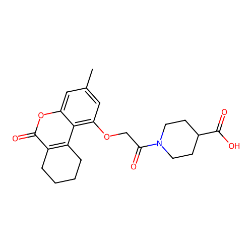 1-(2-((3-methyl-6-oxo-7,8,9,10-tetrahydro-6H-benzo[c]chromen-1-yl)oxy)acetyl)piperidine-4-carboxylic acid structure