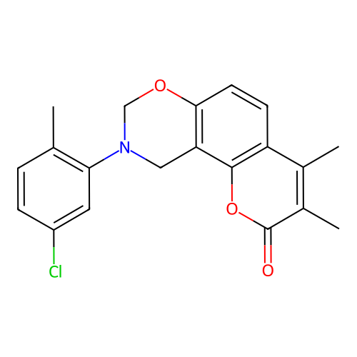9-(5-chloro-2-methylphenyl)-3,4-dimethyl-9,10-dihydrochromeno[8,7-e][1,3]oxazin-2(8H)-one structure