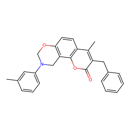 3-benzyl-4-methyl-9-(m-tolyl)-9,10-dihydrochromeno[8,7-e][1,3]oxazin-2(8H)-one structure