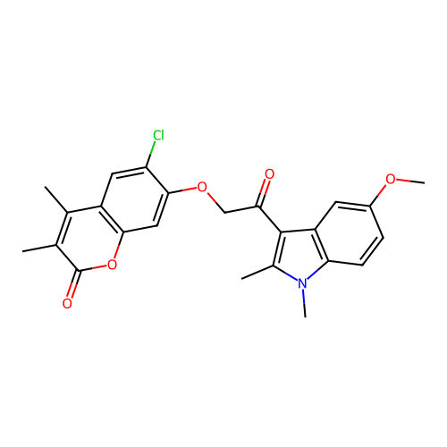 6-chloro-7-(2-(5-methoxy-1,2-dimethyl-1H-indol-3-yl)-2-oxoethoxy)-3,4-dimethyl-2H-chromen-2-one structure