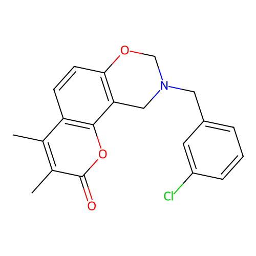 9-(3-chlorobenzyl)-3,4-dimethyl-9,10-dihydrochromeno[8,7-e][1,3]oxazin-2(8H)-one structure