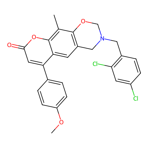 3-(2,4-dichlorobenzyl)-6-(4-methoxyphenyl)-10-methyl-3,4-dihydrochromeno[6,7-e][1,3]oxazin-8(2H)-one structure