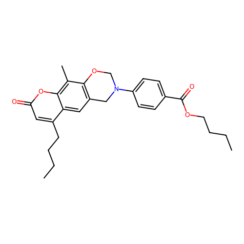 butyl 4-(6-butyl-10-methyl-8-oxochromeno[6,7-e][1,3]oxazin-3(2H,4H,8H)-yl)benzoate structure