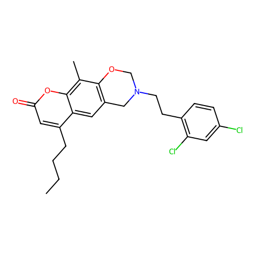 6-butyl-3-(2,4-dichlorophenethyl)-10-methyl-3,4-dihydrochromeno[6,7-e][1,3]oxazin-8(2H)-one structure