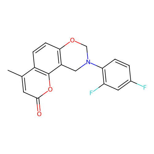 9-(2,4-difluorophenyl)-4-methyl-9,10-dihydrochromeno[8,7-e][1,3]oxazin-2(8H)-one structure