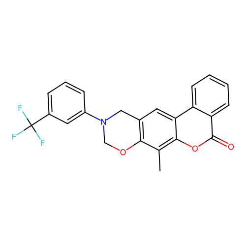 7-methyl-10-(3-(trifluoromethyl)phenyl)-10,11-dihydrobenzo[3,4]chromeno[6,7-e][1,3]oxazin-5(9H)-one structure