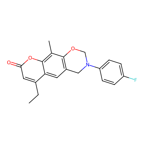 6-ethyl-3-(4-fluorophenyl)-10-methyl-3,4-dihydrochromeno[6,7-e][1,3]oxazin-8(2H)-one structure