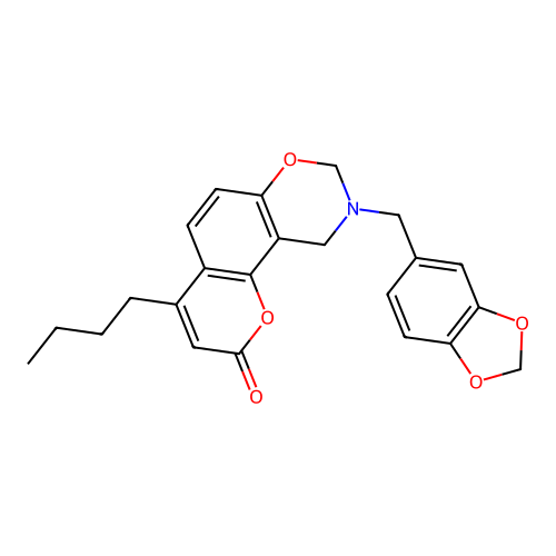 9-(benzo[d][1,3]dioxol-5-ylmethyl)-4-butyl-9,10-dihydrochromeno[8,7-e][1,3]oxazin-2(8H)-one structure