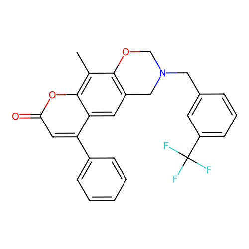 10-methyl-6-phenyl-3-(3-(trifluoromethyl)benzyl)-3,4-dihydrochromeno[6,7-e][1,3]oxazin-8(2H)-one structure