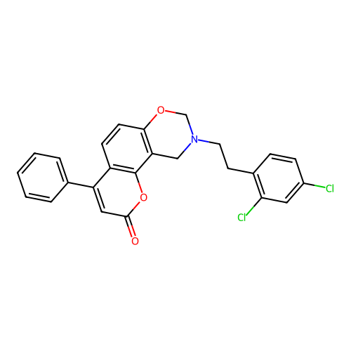 9-(2,4-dichlorophenethyl)-4-phenyl-9,10-dihydrochromeno[8,7-e][1,3]oxazin-2(8H)-one structure