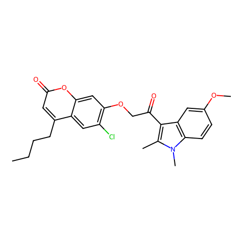 4-butyl-6-chloro-7-(2-(5-methoxy-1,2-dimethyl-1H-indol-3-yl)-2-oxoethoxy)-2H-chromen-2-one structure