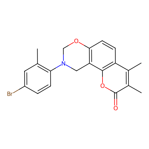 9-(4-bromo-2-methylphenyl)-3,4-dimethyl-9,10-dihydrochromeno[8,7-e][1,3]oxazin-2(8H)-one structure