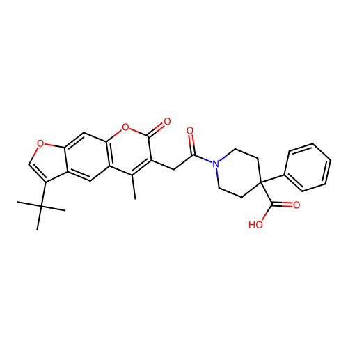 1-(2-(3-(tert-butyl)-5-methyl-7-oxo-7H-furo[3,2-g]chromen-6-yl)acetyl)-4-phenylpiperidine-4-carboxylic acid structure