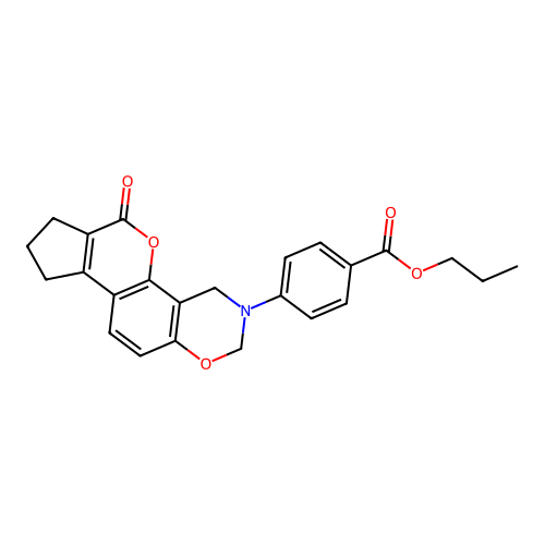 propyl 4-(6-oxo-8,9-dihydro-2H-cyclopenta[3,4]chromeno[8,7-e][1,3]oxazin-3(4H,6H,7H)-yl)benzoate structure