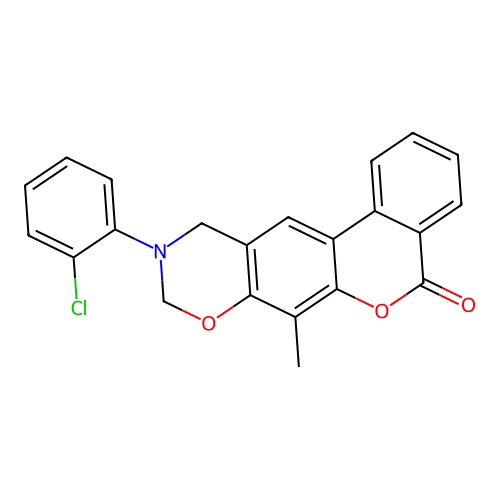 10-(2-chlorophenyl)-7-methyl-10,11-dihydrobenzo[3,4]chromeno[6,7-e][1,3]oxazin-5(9H)-one structure